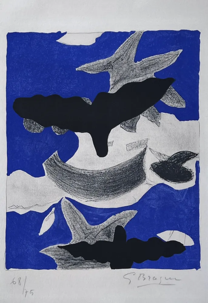 Lithograph Braque - Deux oiseaux avec nuages 