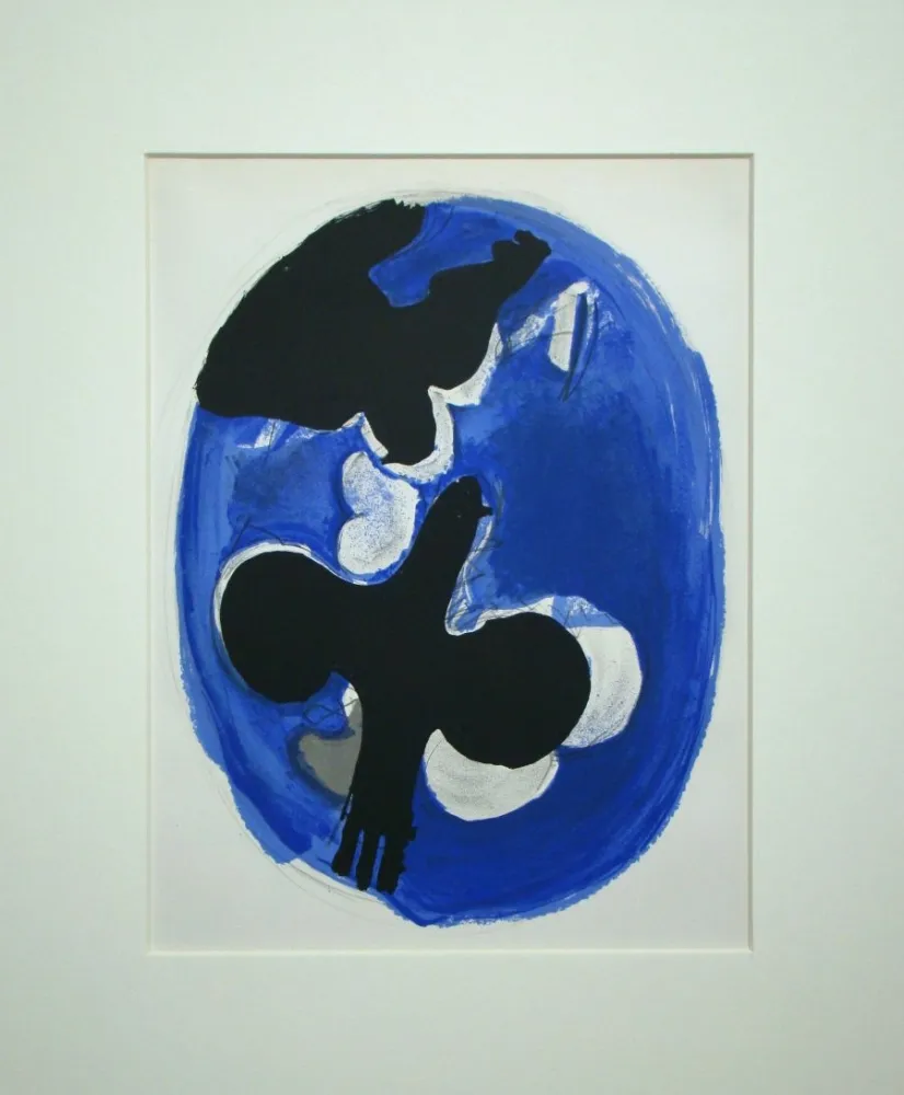 Lithograph Braque - Deux oiseaux sur fond bleu