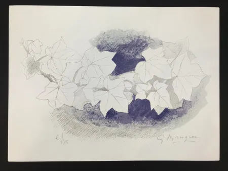 Lithograph Braque - Feuilles sur fond bleu