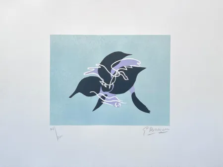 Lithograph Braque - L'essor I (Le cygne sur fond bleu-vert) 