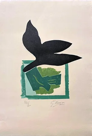 Woodcut Braque - Oiseau noir sur fond vert