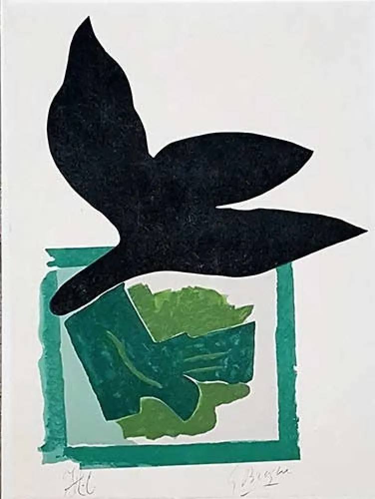 Woodcut Braque - Oiseau noir sur fond vert