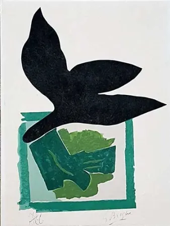 Woodcut Braque - Oiseau noir sur fond vert