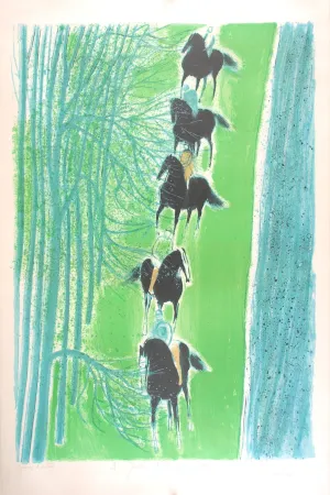 Lithograph Brasilier - Cavalcade au Bord du Cher - Cavalcade on the side of the Cher