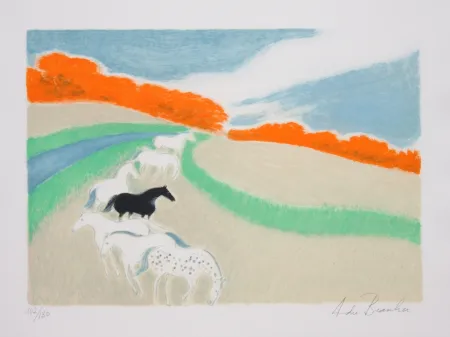 Lithograph Brasilier - Chevaux Dans Le Pre