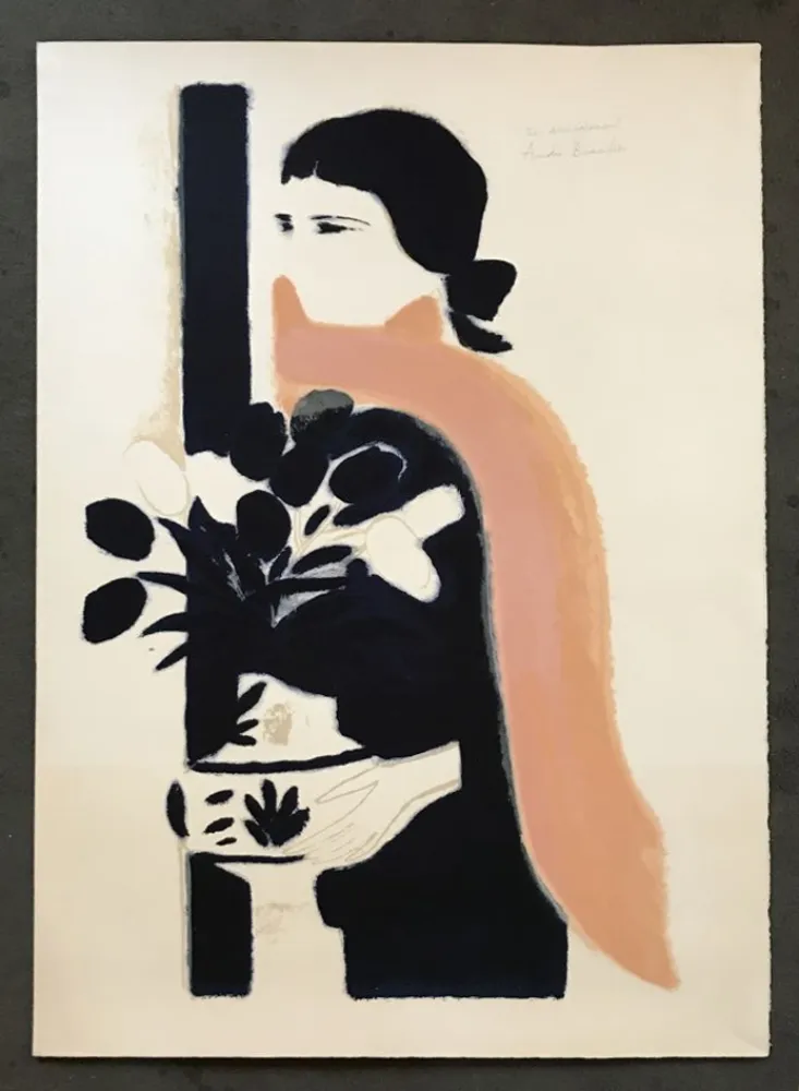 Lithograph Brasilier - Femme au châle rose et aux tulipes 