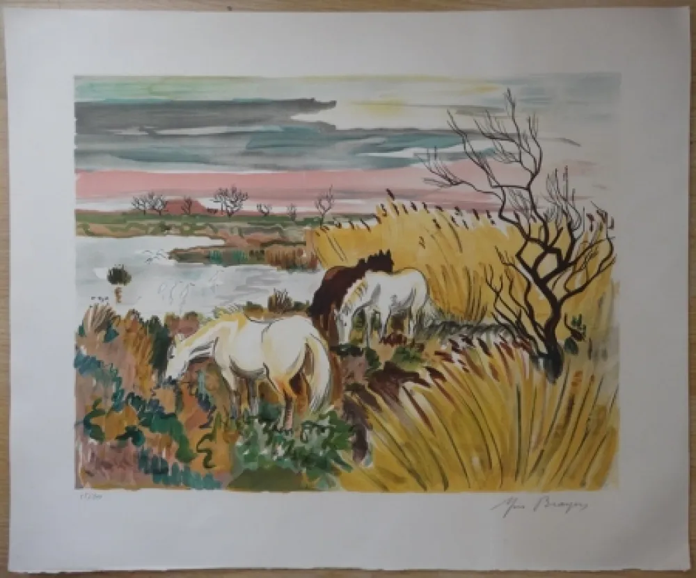 Lithograph Brayer - Chevaux en Camargue