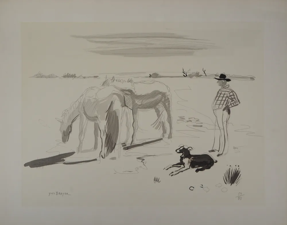 Lithograph Brayer - Chevaux et gardien en Camargue