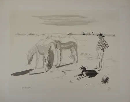 Lithograph Brayer - Chevaux et gardien en Camargue