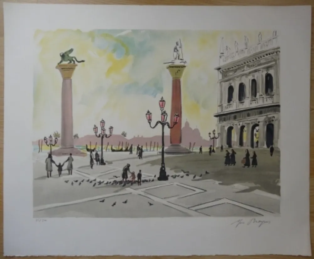 Lithograph Brayer - Place Saint Marc à Venise