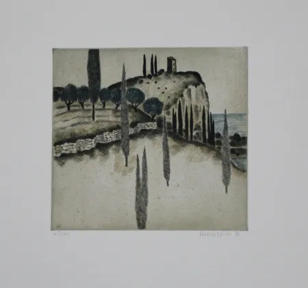 Etching And Aquatint Breiter - Landschaft mit Zypressen / Landscape with Cypresses