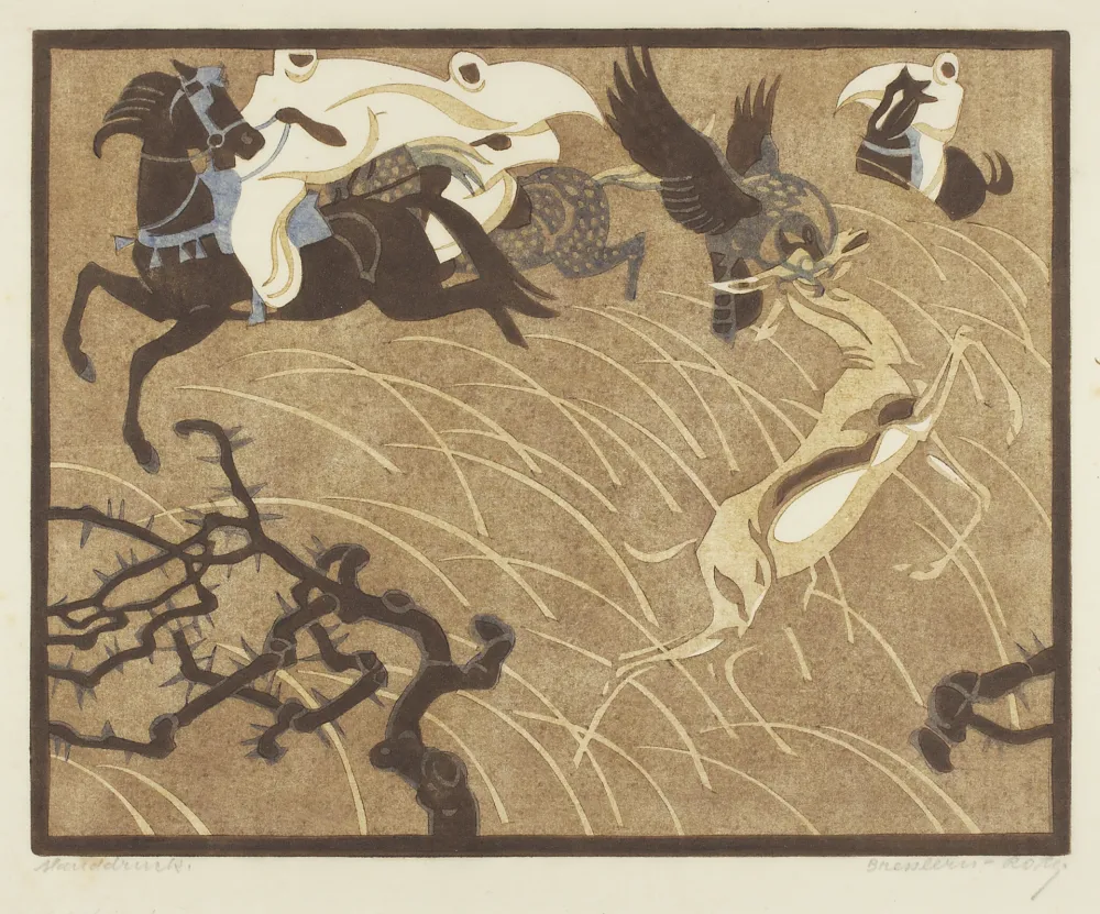 Linocut Bresslern-Roth - Die Gazellenjagd (The Gazelle Hunt)