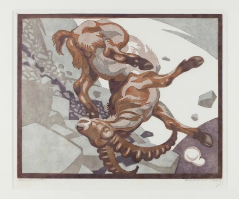 Linocut Bresslern-Roth - Stürzender Steinbock (Falling Ibex)