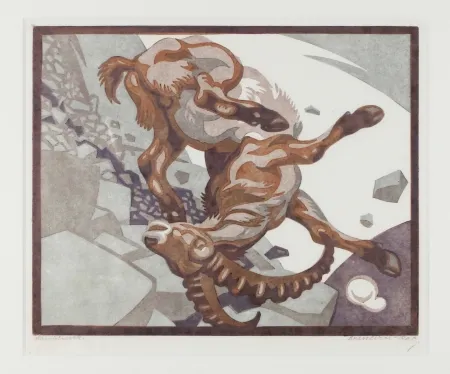 Linocut Bresslern-Roth - Stürzender Steinbock (Falling Ibex)