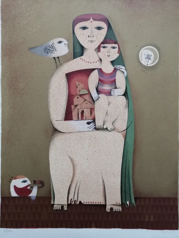 Lithograph Briss - Femme et enfant