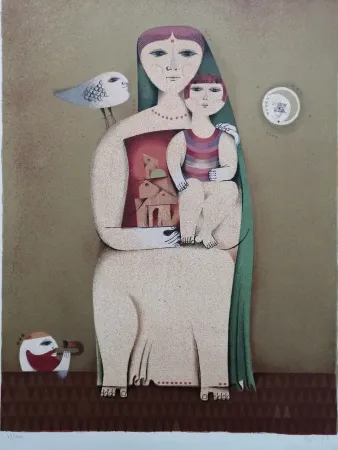 Lithograph Briss - Femme et enfant
