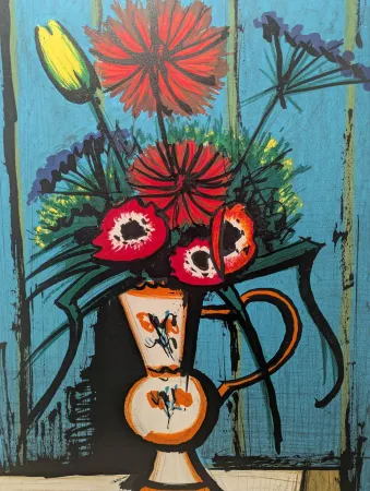 Lithograph Buffet - Bouquet au fond bleu 