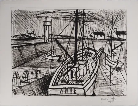 Etching Buffet - Bretagne : bateau de pêche à quai et phare