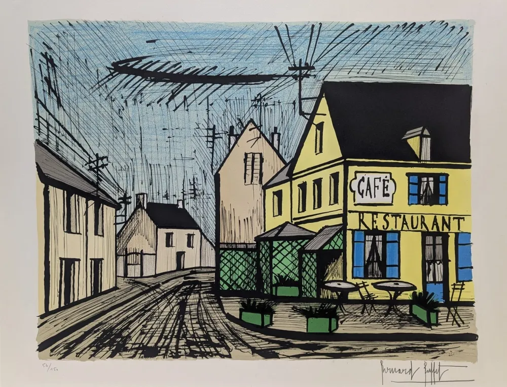 Lithograph Buffet - Mareuil, le café jaune et bleu 