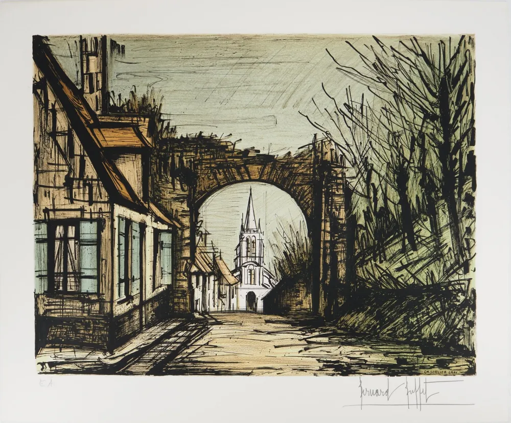 Lithograph Buffet - Montfort-l'Amaury : vue sur l'Eglise
