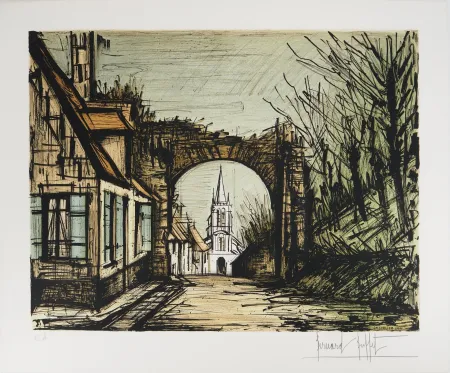 Lithograph Buffet - Montfort-l'Amaury : vue sur l'Eglise
