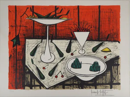 Lithograph Buffet - Nature morte au fond rouge