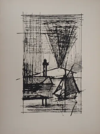Etching Buffet - Paysage au voilier et au phare