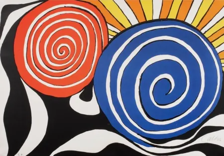 Lithograph Calder - Red and Blue Swirl with Sun