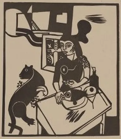 Woodcut Campendonk - Am Tisch sitzende Frau mit Katze und Fisch / Woman Sitting at Table with Cat and FIsh