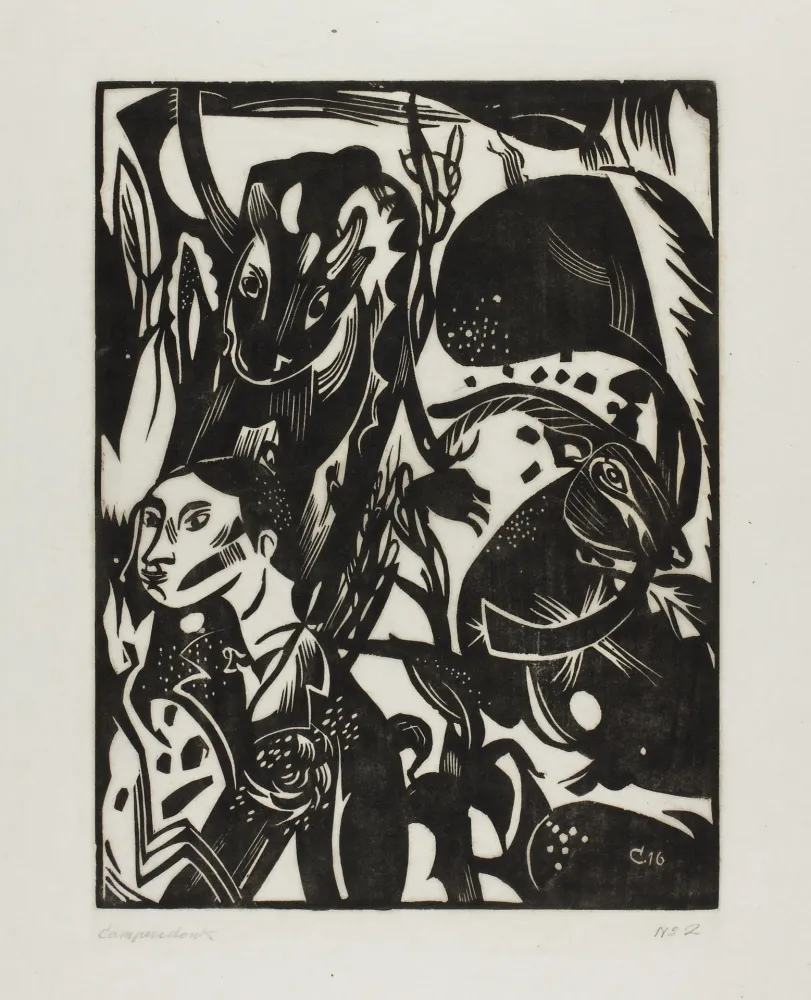 Woodcut Campendonk - Männliche Halbfigur mit Kuh und Ziege 