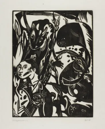 Woodcut Campendonk - Männliche Halbfigur mit Kuh und Ziege 