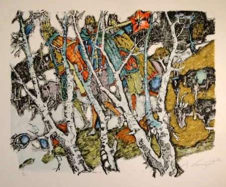Lithograph Carigiet - Sternsinger  (Die Drei Könige hinter Birken)