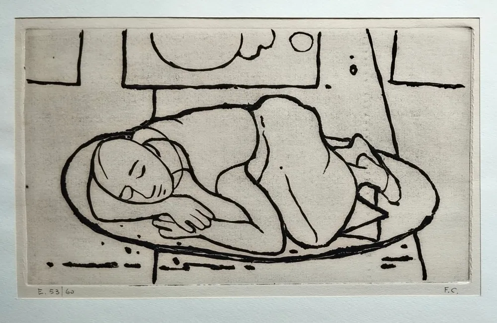 Linocut Casorati - Figura accovacciata