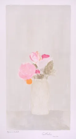 Lithograph Cathelin - Bouquet de roses au fond gris - Bouquet of roses on a grey background