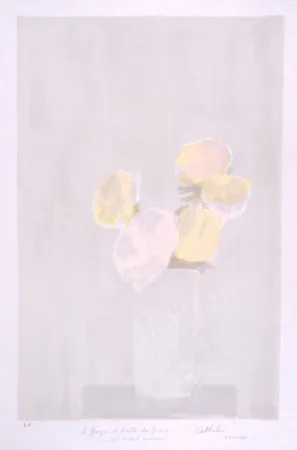 Lithograph Cathelin - Bouquet rose au fond gris - Pink bouquet on a grey background