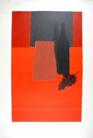 Lithograph Cathelin - Nature morte à la nappe rouge et à la grappe de raisin - Still Life with bunch of grapes on a red tablecloth