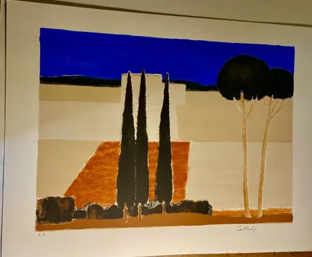 Lithograph Cathelin - Paysage aux cyprès