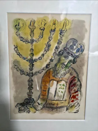 Lithograph Chagall - Aaron and the Seven Branched Lampstand Story of Exodus 1966