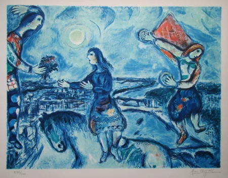 Lithograph Chagall (After) - Lovers over Paris