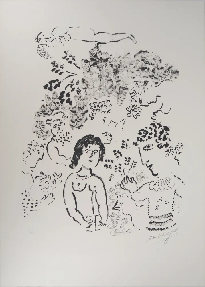 Lithograph Chagall - Amoureux au bouquet et au coq