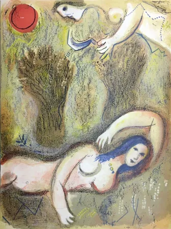 Lithograph Chagall - BOOZ SE RÉVEILLE ET VOIT RUTH À SES PIEDS (Dessins pour la Bible 1960)