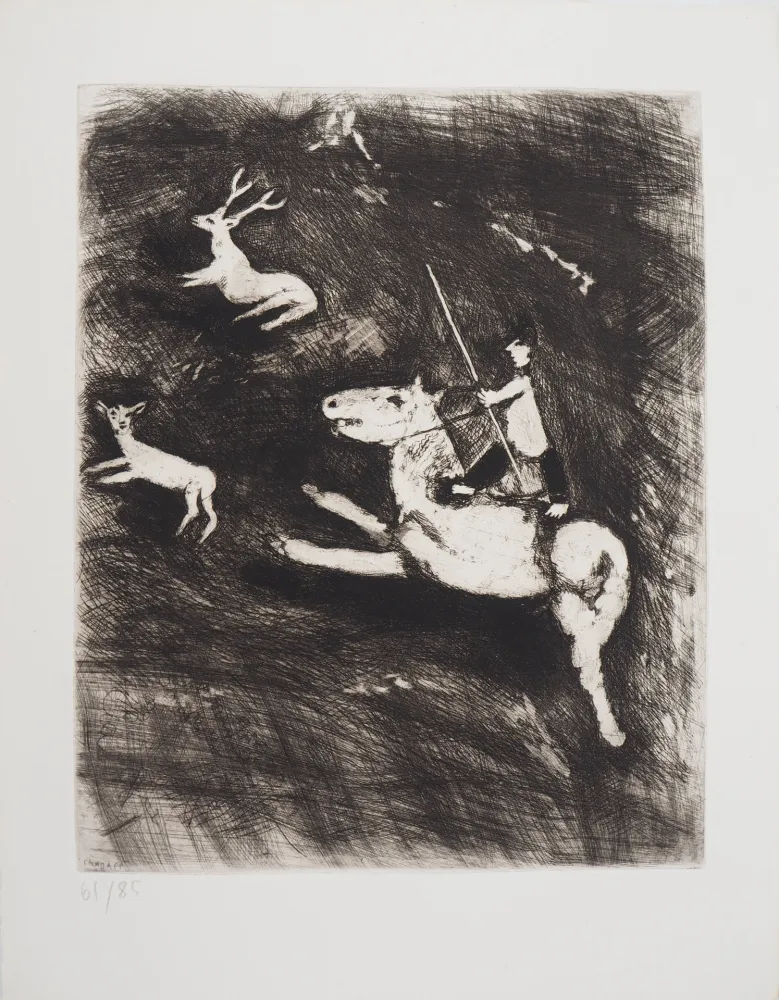 Etching Chagall - La chevauchée (Le cheval s'étant voulu venger du cerf)