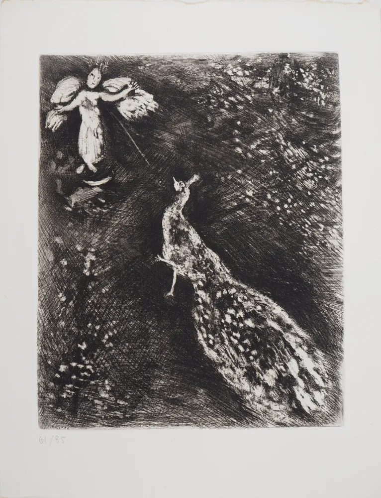 Etching Chagall - L'ange et le paon (Le paon se plaignant  Junon)