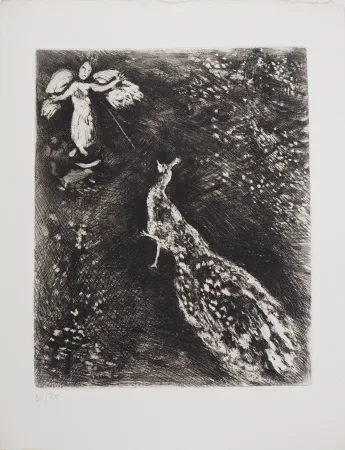 Etching Chagall - L'ange et le paon (Le paon se plaignant  Junon)