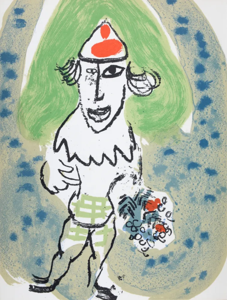 Lithograph Chagall - Le clown vert avec bouquet de fleurs, 1966