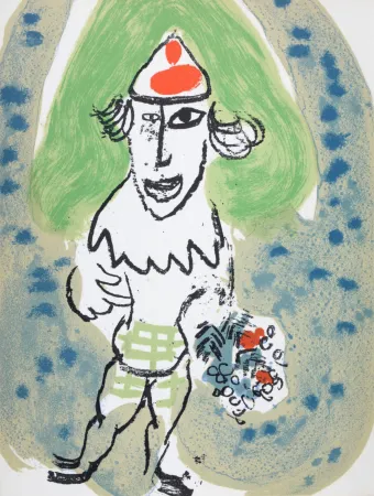 Lithograph Chagall - Le clown vert avec bouquet de fleurs, 1966