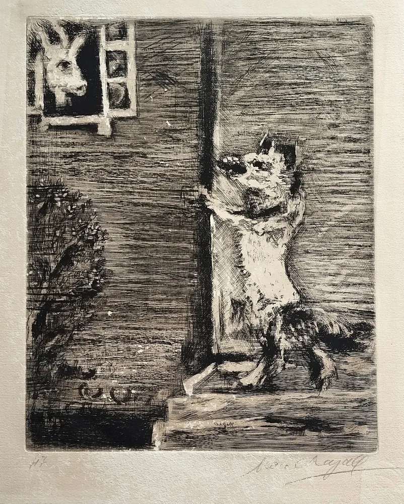 Engraving Chagall - Le Loup, La chevre, et le chevreau, from La Fontaine. Les fables