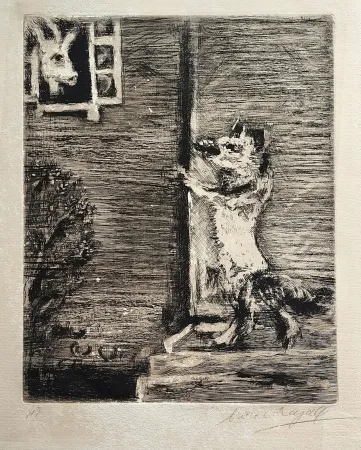 Engraving Chagall - Le Loup, La chevre, et le chevreau, from La Fontaine. Les fables