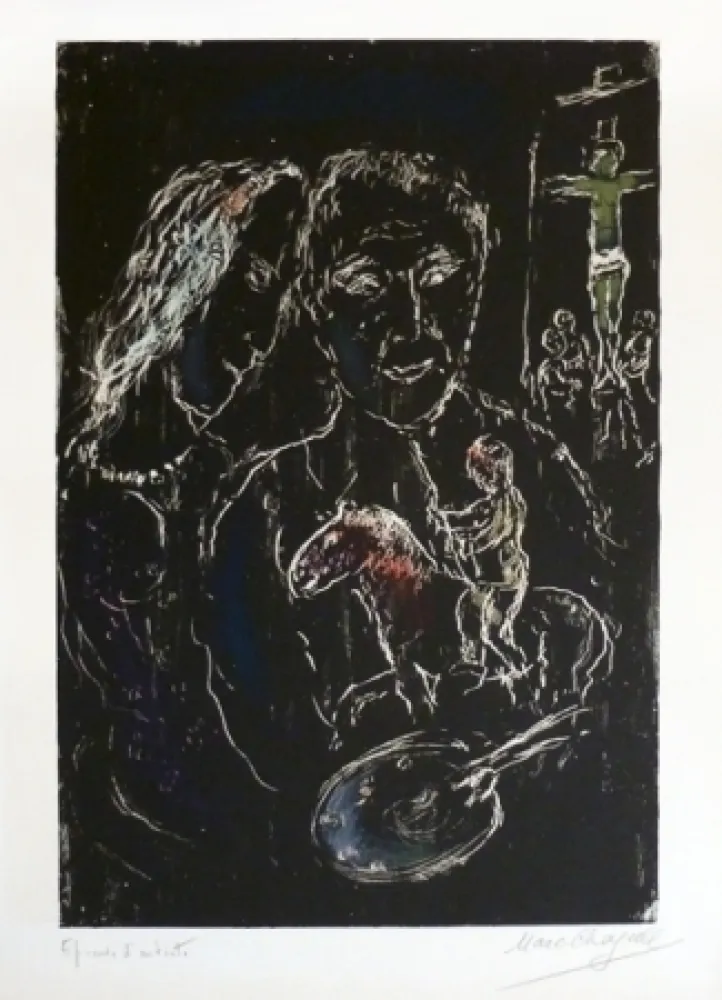 Lithograph Chagall - Le peintre sur fond noir