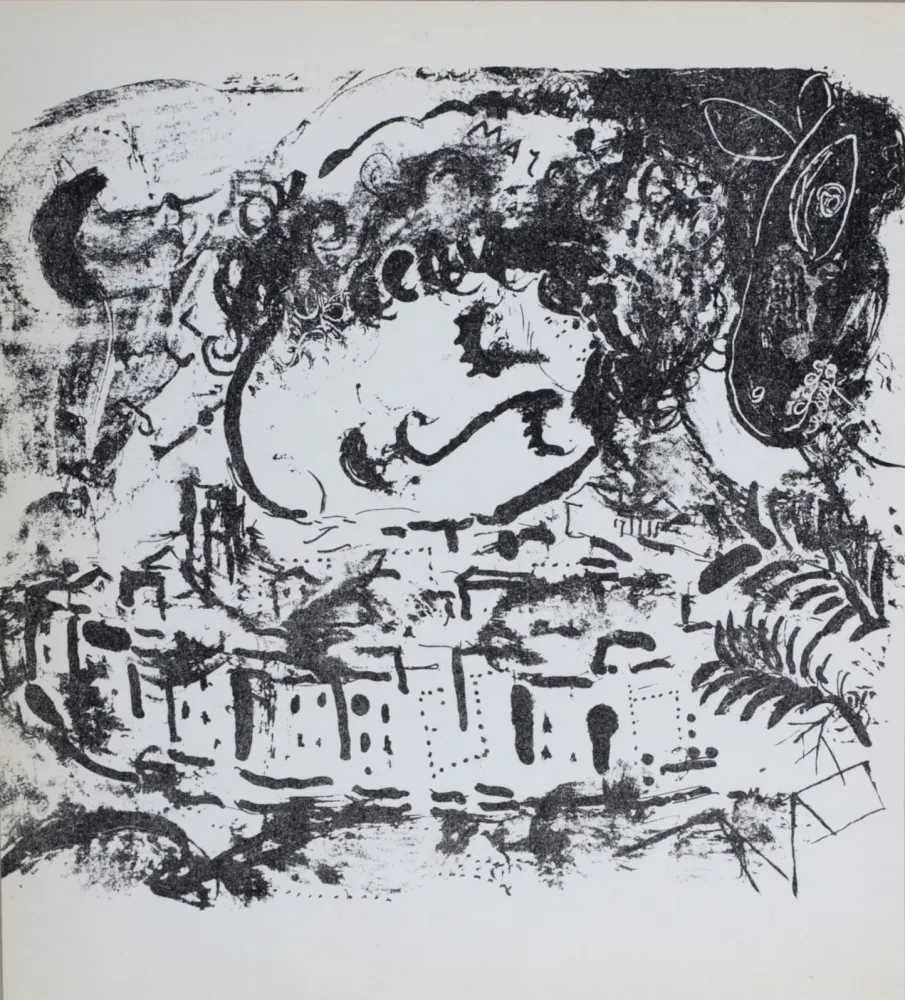Lithograph Chagall - Le Village, Auto-portrait